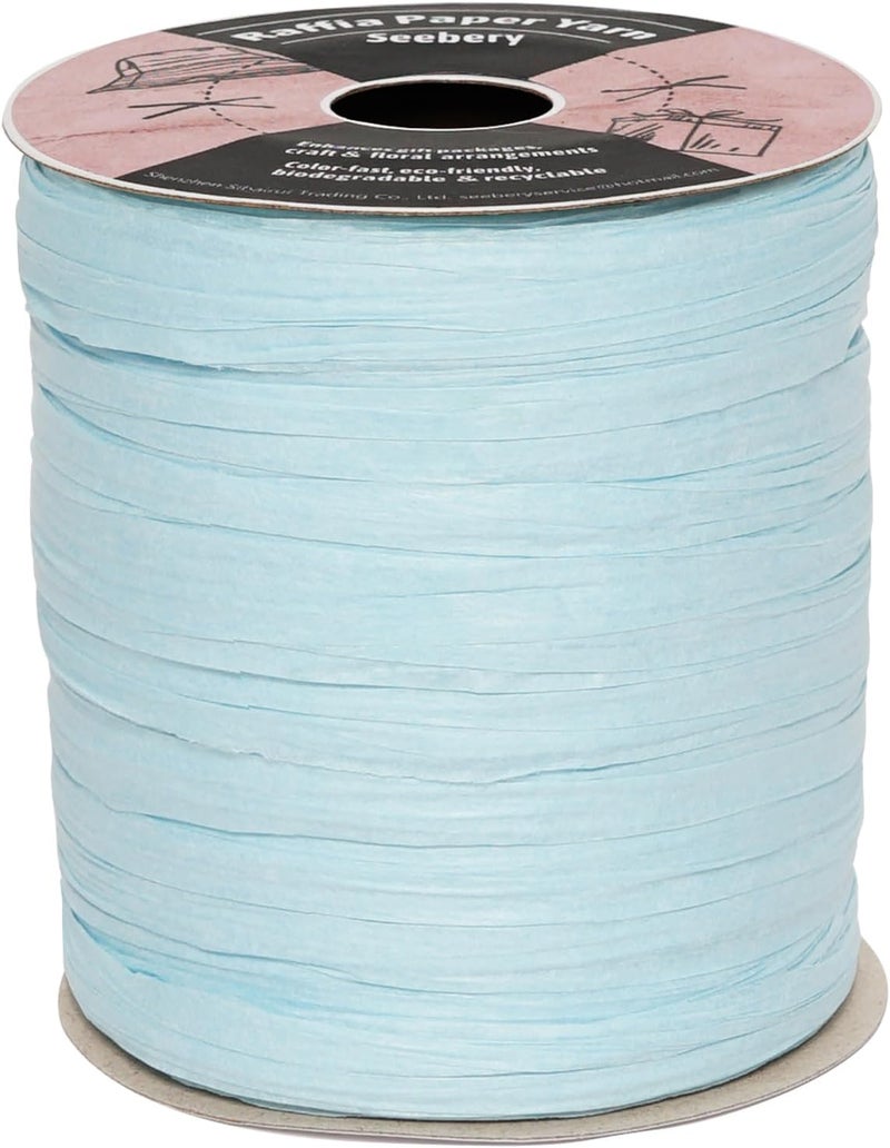 SEEBERY Raffia Ribbon for Crafts - Raffia Yarn Grass Twine for Gift Wrapping, DIY Decoration & More | Matte String Paper Rope for Crochet - 1/4'' Wide, 100 Yards, Baby Blue - Image 1